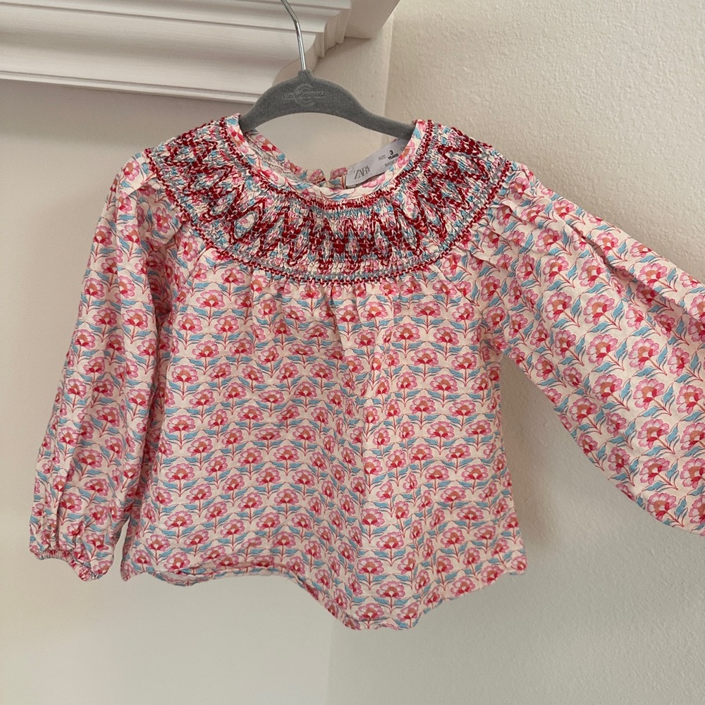 Zara Girls Smocked Floral Long-Sleeve Blouse 3T